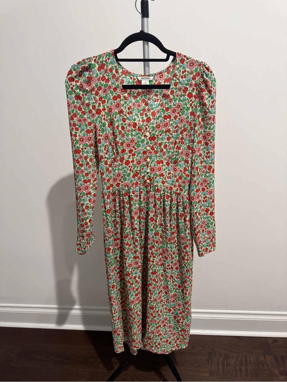 Monki Floral Long-Sleeve Midi Dress in Red & Green